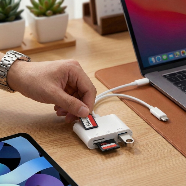 Divkāršs karšu lasītājs - SD un MicroSD, Lightning + USB-C | FILEDIRECT