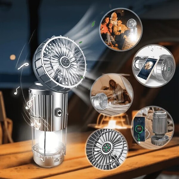5 vienā kempinga lampa - ventilators, gaisma, skaļrunis, ārējā baterija un kompass | LANTFAN